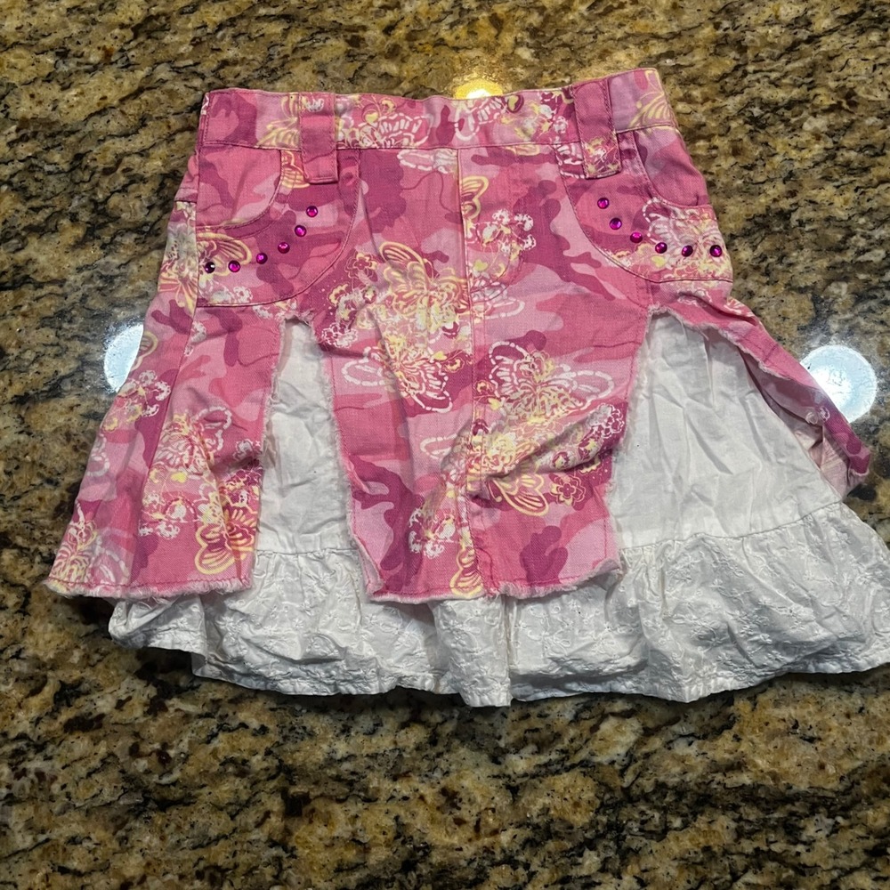 GLO Girls Pink Camo Eyelet Lace Layered Skirt Size 4 Rhinestone Distressed Y2K